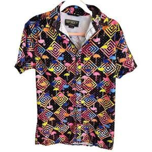 Surf Society Swimwear Flamingo Button Up Short Sleeve Vented Shirt‎ Men's M EUC